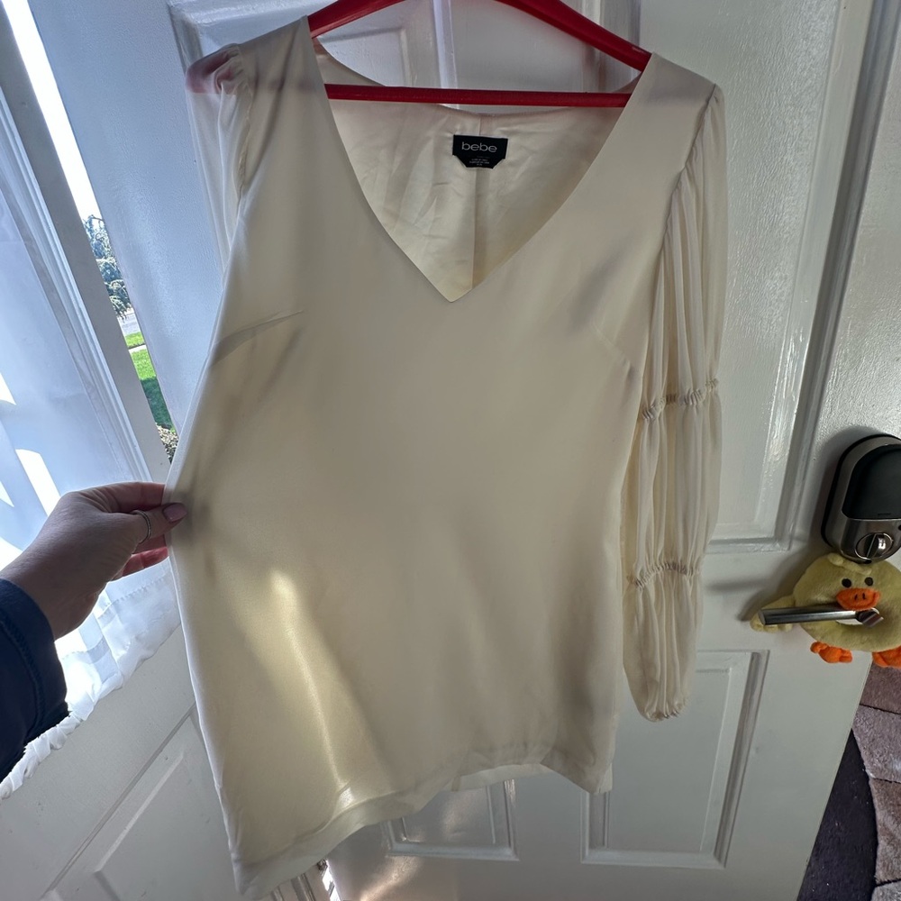 BeBe Cream V-Neck Sheer Sleeve mini dress